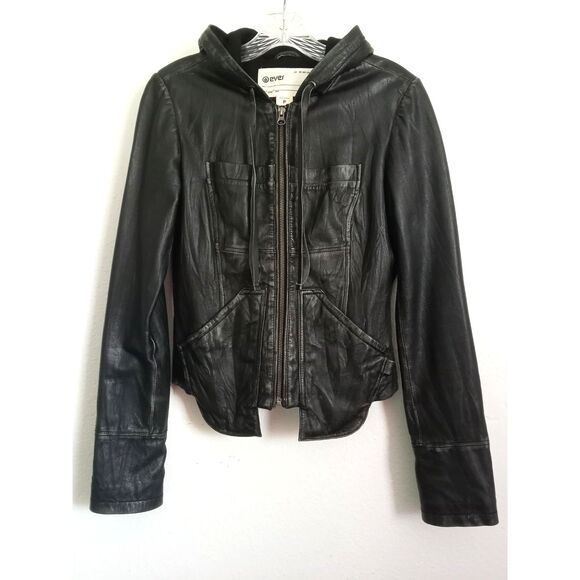 EVER Leather Hoodie Jacket NWOT Moto Distressed Black Zip Lined Pockets Small XS - Picture 1 of 10